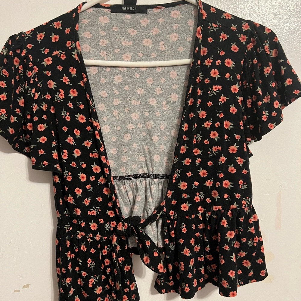 Women’s Shirt, Black with Pink Flowers, From Forever 21, Size L